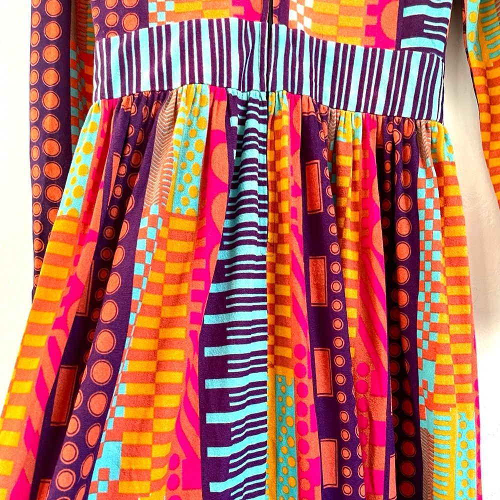 Vintage Colorful Retro Neon Geo Abstract 70s Maxi Gown Jersey Knit Dress - Picture 8 of 13